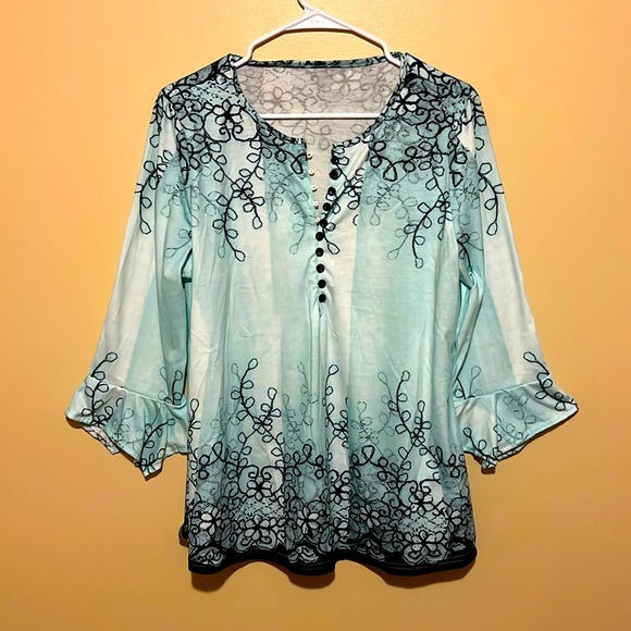 L Turquoise Blouse with Ornament and Front Buttons LongSleeve V-Neck Tunic Shirt - Picture 1 of 8